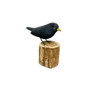 My Family House Hand Carved Wooden Bird Collection, Fair Trade, Natural Wood, Hand-Painted Decorative Sculptures with Natural Wood Base, Indoor Home Decor (Blackbird)
