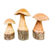My Family House Wooden Carved Mushrooms Set of 3 - Garden Outdoor Decor Wood Handmade Statue Sculpture Ornament Natural Nature Toadstools Mushroom Carving Wood Fair Trade
