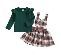 My First Baby Girl Christmas Outfit Long Sleeve Ruffled Ribbed Tops Plaid Heart Overalls Skirt Clothes Set Infant Christmas Outfit (Green, 6-12 Months)