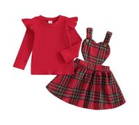 My First Baby Girl Christmas Outfit Long Sleeve Ruffled Ribbed Tops Plaid Heart Overalls Skirt Clothes Set Infant Christmas Outfit (Magenta, 6-12 Months)