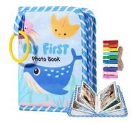 My First Baby Photo Album - Soft Fabric Book Holds 17 Photos, Includes Mirror & 10PCS Colored Mini Clips with Jute String - Ocean Animal Theme Unisex Kids' Memory Keepsake Gift