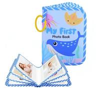 My First Baby Photo Album, Soft Fabric Photo Book with 17 Pockets for 4x6 Inch Photos, Includes Name Tags & Stroller Hook, Ocean Design