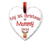 My First Christmas as Mummy Reindeer Heart Plaque Bauble Gift - New Mum 1st Xmas Tree Decoration Handmade in the UK