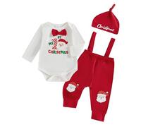 My First Christmas Baby Boy Girl 3PCS Clothes Long Sleeve Santa Romper Suspender Pants Overalls Infant Xmas Outfits (Santa Red, 9-12 Months)