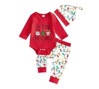 My First Christmas Baby Boy Outfit Santa Reindeer Embroidery Bodysuit Strings Lights Jogger Pants Hat Cute 3Pcs Newborn Xmas Clothes for Photo Shoot Welcome Home (Red, Newborn)