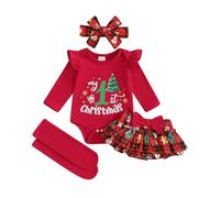 My First Christmas Baby Girl Outfit Letter Print Long Sleeve Romper Ruffle Short Set Headband Socks 4Pcs Xmas Clothes (C Red, 3-6 Months)