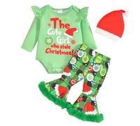My First Christmas Baby Girl Outfit Newborn The Baby Who Stole Christmas Romper Green Flared Pants Xmas Hat 3pcs Set (Green, 3-6 Months)