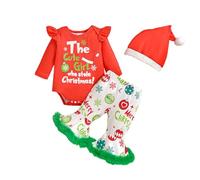 My First Christmas Baby Girl Outfit Newborn The Baby Who Stole Christmas Romper Green Flared Pants Xmas Hat 3pcs Set (Red, 0-3 Months)