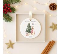 My First Christmas Classic Rabbit Personalised Ceramic Tree Ornament (Merry Christmas - Pink Girls, Blue Boys, Festive Xmas Red Unisex) - optional gift box (Pink Rabbit: White Box)