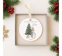My First Christmas Classic Rabbit Personalised Ceramic Tree Ornament (Merry Christmas - Pink Girls, Blue Boys, Festive Xmas Red Unisex) - optional gift box (Blue Rabbit: Grey Box)