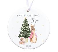 My First Christmas Classic Rabbit Personalised Ceramic Tree Ornament (Pink Girls, Blue Boys, Festive Xmas Red Unisex) - optional gift box (Pink Rabbit: Ceramic - Red Box)