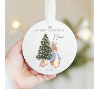 My First Christmas Classic Rabbit Personalised Ceramic Tree Ornament (Pink Girls, Blue Boys, Festive Xmas Red Unisex) - optional gift box (Blue Rabbit: Ceramic - Red Box)