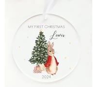 My First Christmas Classic Rabbit Personalised Clear Acrylic Tree Ornament (Pink Girls, Blue Boys, Festive Xmas Red Unisex) - optional gift box (Red Rabbit - No Box)