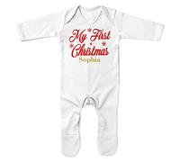 My First Christmas Gold Custom Name Baby Romper Suit, Cute & Unique Personalised 1st Christmas Babygrow For Baby Girls And Boys, Son Or Daughter Xmas Present Gift Idea, 6-12 Months, White