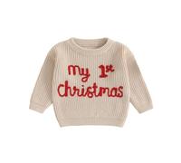 My First Christmas Jumper Baby Boys Girls Long Sleeve Embroidered Oversized Chunky Knit Sweater Pullover Sweatshirt Toddler Winter Warm Knitwear Tops Unisex (Khaki My 1st Christmas, 6-9 Months)