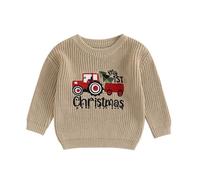 My First Christmas Knitted Jumper - Embroidered Oversized Knit Sweater Pullover for Baby Girl & Boy (Tractor Christmas Tree Khaki, 0-3 Months)