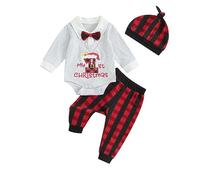 My First Christmas Newborn Baby Boy Outfits Bow Tie Romper Long Sleeve Bodysuit + Pants + Hat Set Gentleman Suit 3Pcs Xmas Clothes (Light Gray, 0-3 Months)
