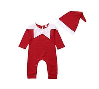 My First Christmas Outfit Newborn Baby Girl Boy Elf Costumes Long Sleeve Jumpsuit Romper with Santa Claus Hat Set (A-Red, 18-24 Months)