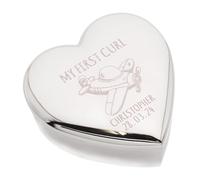 My First Curl, New Baby Aeroplane Christening Design Silver Heart Shape Trinket, Personalised with Name and Date