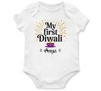 My First Diwali Personalised Babygrow for Babies - Custom Name - Fireworks and Diya Design Baby Vest - 1st Festival of Lights - Boys Girls Hindu Celebration Gift, 6-12 Months, White