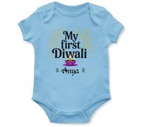 My First Diwali Personalised Babygrow for Babies - Custom Name - Fireworks and Diya Design Baby Vest - 1st Festival of Lights - Boys Girls Hindu Celebration Gift, 3-6 Months, Light Blue