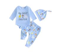 My First Easter Baby Boy Outfit He is Risen Embroidery Bodysuit Long Sleeve Romper Chick Sheep Jogger Pants Cute 3Pcs Newborn Welcome Home Announcement Church Baptism (Light Blue, 0-3 Months)