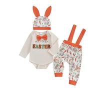 My First Easter Baby Boy Outfit Letter Embroidered Bowtie Long Sleeve Rompers Rabbit Print Suspender Pants Bunny Ears Hat 3Pcs Coming Home Set (Orange, 3-6 Months)