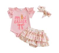 My First Easter Baby Girl Outfit Bunny Bodysuit Rabbit Pink Bow Tutu Bloomer Shorts Headband Cute Coming Home Outfit (Pink, 12-18 Months)