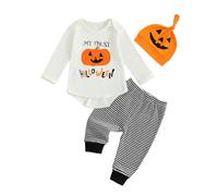 My First Halloween Baby Boy Outfit Pumpkin Embroidery Bodysuit Ribbed Waffle Stripe Jogger Pants Hat Cute Newborn Holiday Clothes Photo Shoot Welcome Home (White, 0-3 Months)