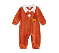 My First Halloween Baby Boys Outfit Knitted Long Sleeve Lapel Pumpkin/Turkey/Santa Claus Embroidery Romper with Bowtie Thanksgiving Christmas Clothes (Pumpkin Orange, 6-9 Months)