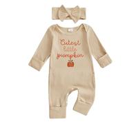 My First Halloween Baby Girl Outfit Cutest Pumpkin Jumpsuit Romper Long Sleeve Ribbed Bodysuit with Headband Cute Newborn Fall Winter Clothes Welcome Home Photo Shoot (Khaki, 0-3 Months)