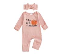My First Halloween Baby Girl Outfit Cutest Pumpkin Jumpsuit Romper Long Sleeve Ribbed Bodysuit with Headband Cute Newborn Fall Winter Clothes Welcome Home Photo Shoot (Pink, 3-6 Months)
