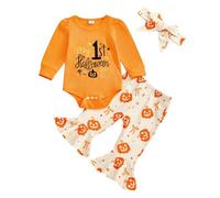 My First Halloween Baby Girl Outfit Newborn 1st Halloween Embroidery Long Sleeve Romper And Pumpkin Print Flared Bottom Pants Set Cute Halloween Clothes (My 1st Halloween Beige, Newborn)