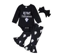 My First Halloween Baby Girl Outfit Pumpkin/Ghost Embroidery Bodysuit Flared Pants Headband Cute 3Pcs Newborn Holiday Clothes Autumn Welcome Home Photo Shoot (Black, 3-6 Months)