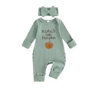 My First Halloween Baby Girl Outfit Pumpkin Letter Print Ruffle Long Sleeve Jumpsuit Newborn Girls Clothes with Headband (Green, 0-3 Months)