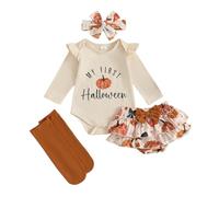 My First Halloween Baby Girl Outfit Ruffle Long Sleeve Bodysuit Pumpkin Floral Tutu Bloomer Shorts Headband Legging Socks Cute 4Pcs Newborn Holiday Clothes Cake Smash Photo Shoot (Beige, 6-9 Months)