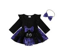 My First Halloween Clothes Baby Girl Romper Dress Cartoon Bat Long Sleeve Round Neck Jumpsuit With Bow Headband Tiny Baby Clothing (Black, 6-9 Months)