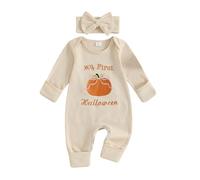 My First Halloween Outfit Baby Girl Clothes Long Sleeve Round Neck Pumpkin Embroidery Jumpsuit With Headband Set Tiny Baby Clothing (Apricot, Newborn)