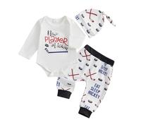 My First Hockey Season Baby Boy Outfits New Player in Town Bodysuit Ice Hockey Jogger Pants Hat Cute 3Pcs Newborn Fall Clothes Welcome Home 3 6 12 18 Months (White, 0-3 Months)