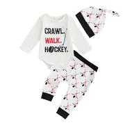 My First Hockey Season Baby Boy Outfits New Player in Town Bodysuit Ice Hockey Jogger Pants Hat Cute 3Pcs Newborn Fall Clothes Welcome Home 3 6 12 18 Months (White-A, 3-6 Months)
