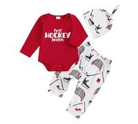 My First Hockey Season Baby Boy Outfits New Player in Town Bodysuit Ice Hockey Jogger Pants Hat Cute 3Pcs Newborn Fall Clothes Welcome Home 3 6 12 18 Months (Red, 0-3 Months)