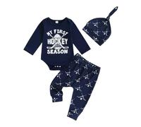 My First Hockey Season Baby Boy Outfits New Player in Town Bodysuit Ice Hockey Jogger Pants Hat Cute 3Pcs Newborn Fall Clothes Welcome Home 3 6 12 18 Months (Blue, 0-3 Months)