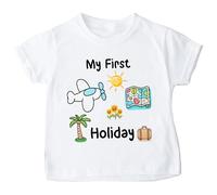 My First Holiday T-Shirt - Baby & Toddler Travel Shirt with Airplane, Palm Tree & Sun - 100% Cotton - Sizes 3 Months to 3 Years - Water-Based Ink - Made in Yorkshire White