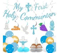 My First Holy Communion Decorations: First Communion Decorations for Boys Include My First Holy Communion Banner Hanging Swirls Centerpieces Balloons for Communion Decor Boy