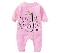 My First New Year Clothes Newborn Infant Baby Boy Girl New Year Outfits Letter Print Romper Jumpsuit Headband Outfits Set Back Sleeve (Pink, 0-3 Months)