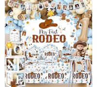My First Rodeo Decorations Boy-239Pcs Cowboy Blue and Brown Balloon Arch Garland Kit with Tableware,Backdrop,Balloon Boxes for Boy 1st Birthday Party Supplies