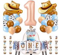 My First Rodeo Decorations Boy, 42Pcs Western Cowboy 1st Birthday Decorations Wild West One Year Old Birthday Party Supplies 1st High Chair Banner Cake Toppers Balloons