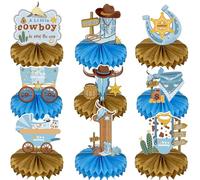 My First Rodeo Decorations Boy - 9 Pcs Blue Wild West Cowboy Honeycomb Centerpieces Table Decor for Boys Baby Shower Western Cowboy Theme One Year Old Birthday Western Party Decorations Supplies