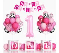 My First Rodeo Decorations Girl, 40 Inch Pink Number 1 Balloons, HAPPY BIRTHDAY Banner, Pink Cow Balloons, One Balloon Boxes for 1st Birthday Decorations
