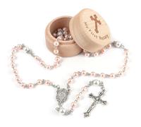 My First Rosary Baptism Gifts Rosary Catholic Keepsake Box for Baby Shower First Communion Christian Beads Gifting Set (Pink)